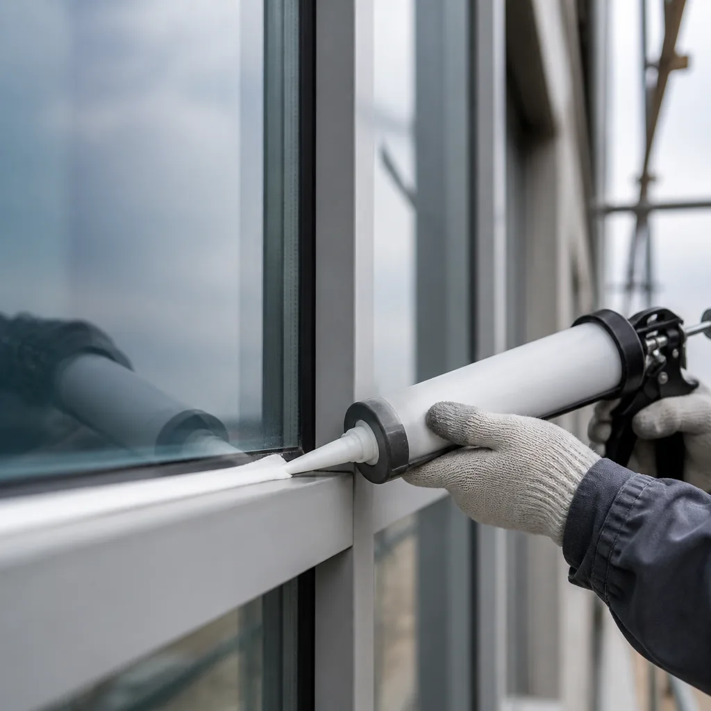 Acetoxy sealant on glass window frame